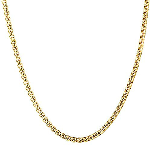 Q&S Jewels Mens Square Rolo Curb Chain Necklace, 18K Gold Plated Stainless Steel Round Box Chain Necklace for men, Classic Fashion Diamound Cut Shiny Jewelry 24 Inch