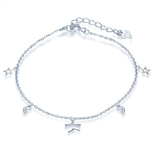 Yumilok - Tobillera de plata 925, tobillera para mujer, niña, pulsera de tobillo estrella y luna, cadena de ancla ajustable, circonita incrustada, joya elegante, plata de ley piedra metal plata, óxido