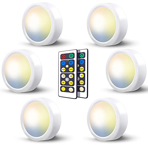 Lampe de Placard Led avec Télécommande, 6 Pièces Spot a Pile Sans Fil Autocollant Dimmable, Eclairage Etagere Petite Lumiere Vitrine Armoire Cuisine Sous Meuble, Applique Murale