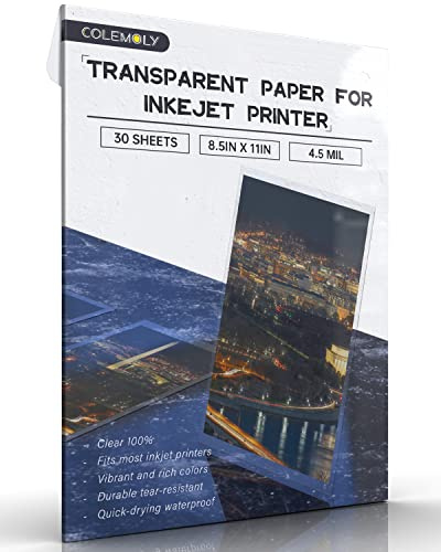 Colemoly Transparent Paper 30 Sheets Inkjet Transparency Film Inkjet Printer (100% Clear) Acetate Sheets Clear Paper 8.5x11 Inches for Crafts, Premium Print