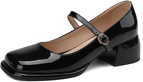 Bviennic Charol Mary Janes Mujer Block Tacón Medio Punta Quadrada Zapatos Moda Correa De Tobillo Boda Fiesta Closed Toe Vestido Pump Negro Talla 37 Eu-38Cn