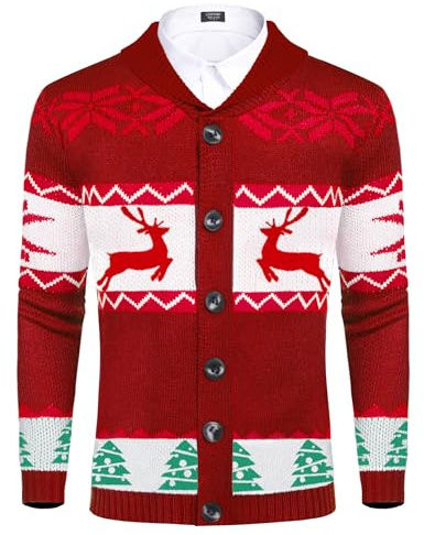 COOFANDY Men's Cardigan Christmas Sweater Knitted Sweater Reindeer Norwegian Ugly Sweater with Shawl Collar Red S
