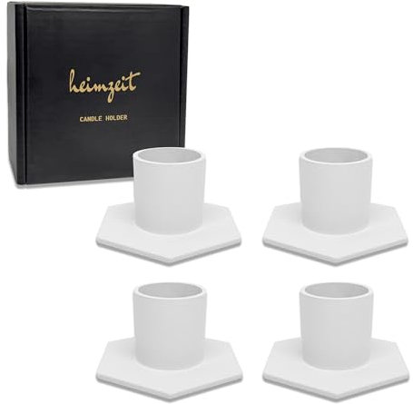 heimzeit Portacandele in Metallo per Candele a Stelo Ø22 mm e Candele da Tavolo [4 Pezzi, Esagonale], Colore: Bianco, Design Elegante, Candelabro per una Raffinata Decorazione Della Stanza