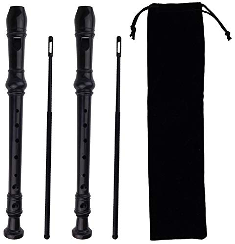 Kasteco 2 Pack German Style 8 Hole-3 Piece Descant Soprano Recorders with Cleaning Rod, Black Storage Bag, ABS Material (Black)