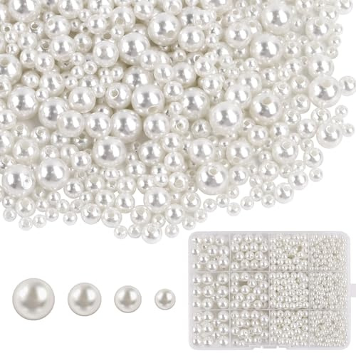 1480Pcs White Pearl Beads for Crafting, 4 6 8 10mm Round Pearls Various Size Mixed Acrylic White Beads for Bracelet Jewellery Earring Necklace Making DIY