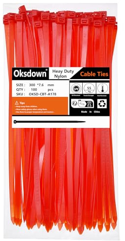 Oksdown 100 Pack Thick Red Plastic Cable Ties 300mm×7.6mm Heavy Duty Nylon Garden Long Zip Tie Multi Purpose Premium 12 inch/30 cm Tie Wraps