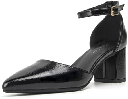 qibusleen Damen-Sandalen mit geschlossener Spitze und Blockabsatz, Knöchelriemen, Pumps mit klobigem Absatz für Damen, Party, Hochzeit, Elegante Bequeme Ledersandalen - Schwarzes-Pu -39
