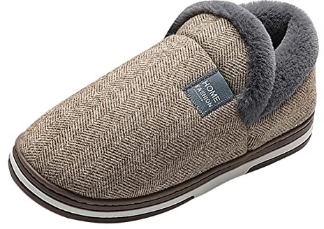 Chaussons chauffants à enfiler en peluche pour homme - Bout rond - Garde au chaud - Couleur unie - Passe au micro-ondes, café, 41 1/3 EU