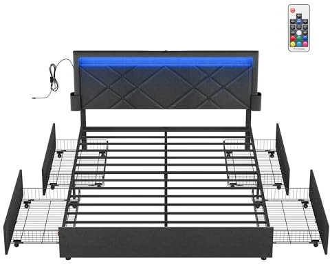 VASAGLE Doppelbettgestell, Bettgestell, 160 x 200 cm, LED, Metallbett, 4 Schubladen, Ladestation, verstellbares gepolstertes Kopfteil, schiefergrau-Mattschwarz RMB828G02