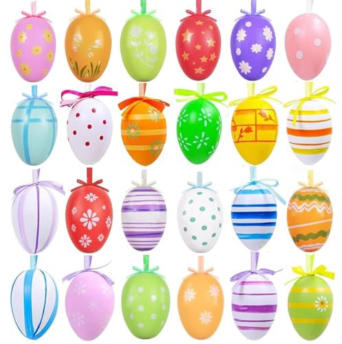 24 Stück Ostereier zum Aufhängen, Ostereier Plastik, Ostereier Dekorationsset, Ostereier Kunststoff, Ostereier aus Kunststoff zum Aufhängen, Osterstrauchdeko Ostern Geschenke Kinder