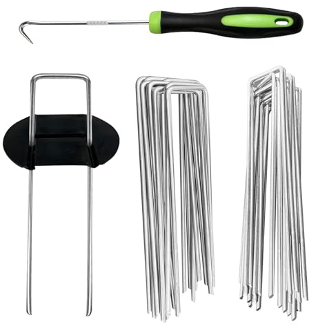 100 Weed Control Membrane Pegs + 100 Buffer Washer + 1 Pick Hook, 6/150mm U-Shaped Garden Stakes, Ground Pegs for Securing Lawn, Artificial Grass, Matting, and Netting - Galvanized Staples and Pins