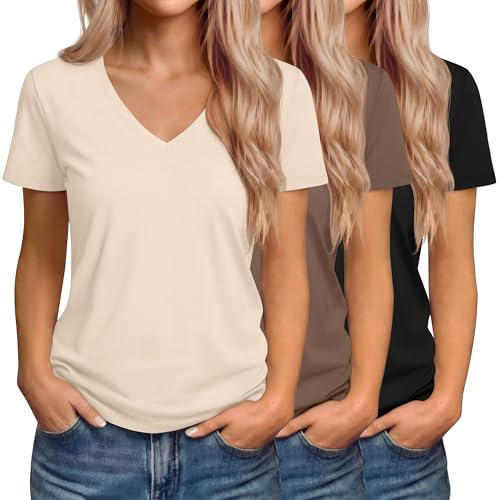 Riyiper 3 Pack Women's V Neck Loose Fit T Shirts, 3-Color, Small