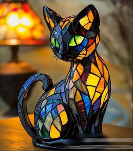 TaimeiMao Lampada Gatto, Vetrata Luce Notturna Gatto, Resina Colorata Decorazione Vintage Lampada A Forma Di Gatto, Luce Notturna A LED Colorata Decorativa Per Camera Da Letto A Casa