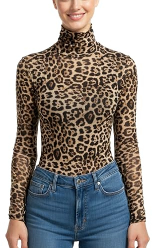 METWAY Sheer Top for Women Mesh Long Sleeve Lace Tops See Through Black Sheer Shirt Going Out Party Club Sexy Undershirt (Leopard, XL)