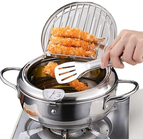Friteuse japonaise en acier inoxydable avec thermomètre, friteuse Tempura avec couvercle et égouttoir, friteuse pour frites, ailes de poulet, crevettes et poisson (20 cm)