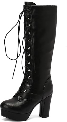 Bviennic Donna Stivali Alti Tacco Alto a Blocco con Plateau Retrò Punta Rotonda Cordoncino Motocycle 2436 Nero Numero 45 EU/47Cn