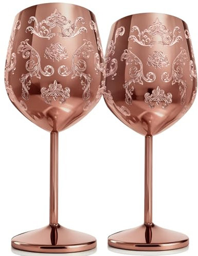 Livole Rödvinsglas av rostfritt stål, vinglas med gravyr, glas set present födelsedag jul, okrossbart vinglas för fest, camping, picknick, 550 ml 45 ml, roséguld, 2-pack