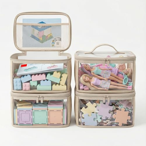 holay Clear Toy Storage Bags with Handle, 4 Pack Playroom Storage Organiser Bins Kids Toys, Board Games, Busy Bags, and Homeschool Supplies –Transparent PVC with Reinforced Base(Brown, Small)