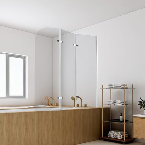 Jayseuw Parete doccia per vasca da bagno 120 x 140 cm, 3 pezzi pieghevoli, vetro di sicurezza ESG da 6 mm, doccia per vasca da bagno in vetro trasparente argento, montaggio a sinistra e destra