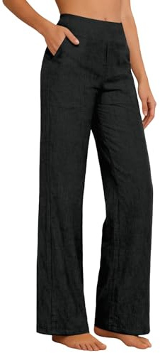 abbigliamento donna estivo, Pantaloni Donna Estivi in Cotone e Lino, Eleganti Elastico Vita Alta Pantaloni Larghi Curvy Leggeri e Comodi a Gamba Larga Casual Yoga Pantalone Gamba Dritta, Nero, M