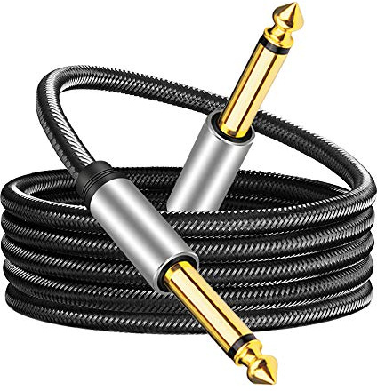 6.35mm Instrument Cable 10Ft,Silver Color Premium 6.35mm Mono Jack 1/4 TS Cable Unbalanced Guitar Patch Cords/Instrument Cable Male to Male with Zinc Alloy Housing and Nylon Braid(10Ft/3M)