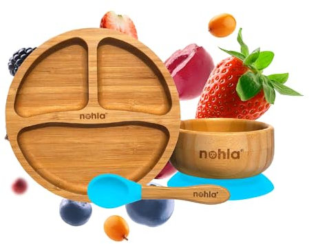 nohla ® - Bamboo Baby & Toddler Suction Plate, Bowl & Silicone Spoon Weaning Set - Suction Ring for Secure Grip on Smooth Surfaces - Eco-Friendly, BPA-Free - Blue
