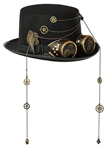 BPURB Cappello a cilindro unisex, stile gotico, steampunk, con occhiali, per Halloween, cosplay, feste (58 cm, nero)