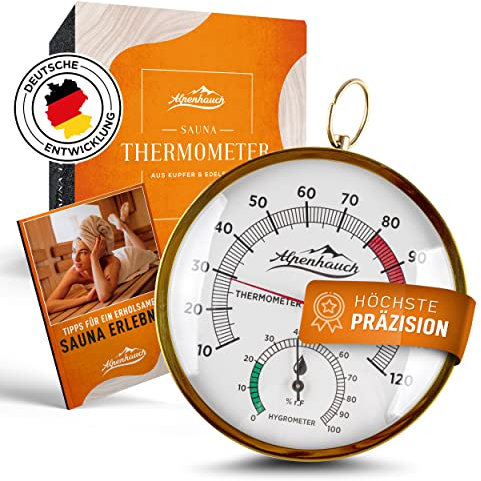 ALPENHAUCH Sauna Thermometer Hygrometer [2in1 Funktion] - Besonders präzises Saunathermometer mit gehärtetem Glas - Automatische Kalibrierung - Edles Sauna Zubehör - Hygrometer Thermometer Sauna
