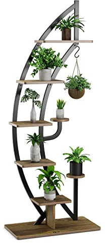 GOPLUS Support Plantes Interieur en Métal à 6 Niveaux, Porte Plante Interieur Incurvé et 7 Étagère pour Jardinière en Forme de Demi-lune avec Crochet, Présentoir Bonsaï pour Salon, Balcon (Marron)