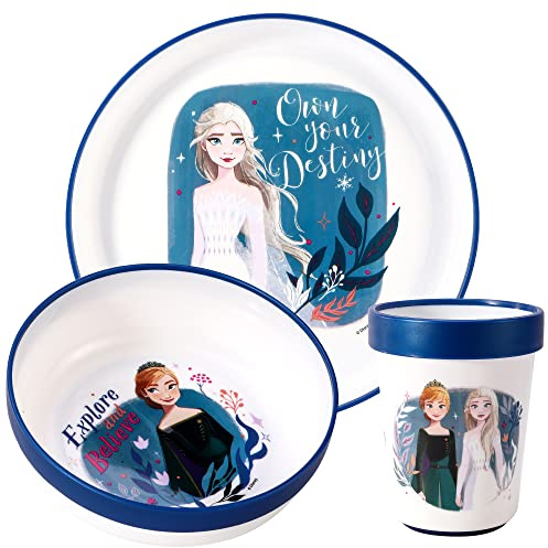 Frozen 3-teiliges wiederverwendbares zweifarbiges Premium-Kindergeschirr-Set, Teller, Schüssel und Becher, BPA-frei