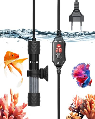 Luxvista Mini-Aquarium Heizung 100W Regelbarer Aquarium Heizstab für 50L Fischbecken/Schildkröte Tank Einstellbarer Digitale Aquariumheizung mit Thermostat für Salzwasser und Süßwasser (18-34°C)