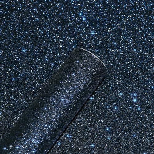Yullpaper Self-Adhesive Navy Blue Glitter Wallpaper for Bedroom and Living Room - Black Sticky Back Plastic Vinyl Cabinet Cover 40cm x 800cm