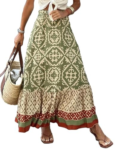 JENJON Mujer Falda Larga Estampada Casual Cintura Alta elástica Boho Floral Tubo Falda de Verano Vestidos de Playa B-Verde XL