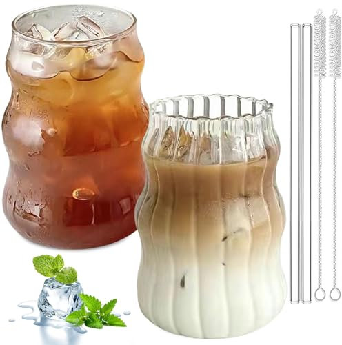 Aicharynic Juego de 2 vasos acanalados, 530 ml, con pajitas de cristal, vasos para latte macchiato, vasos de cóctel, vasos de café helado con cepillos utilizados para cóctel, leche, agua, soda, regalo