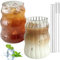 Aicharynic Lot de 2 verres nervurés de 530 ml avec pailles en verre pour latte macchiato, cocktail, café glacé avec brosses, utilisé pour cocktail, lait, eau, soda, cadeau