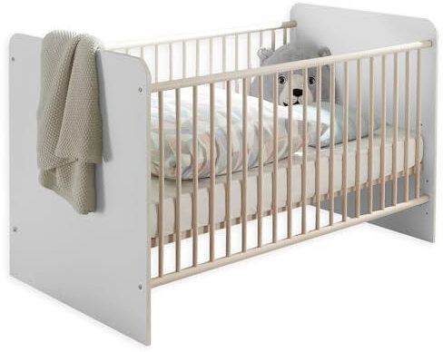 PRIZZI Sicheres Babybett 70x140 cm in Weiß / Aurum Optik - Funktionales Baby Gitterbett mit höhenverstellbarem Lattenrost - 78 x 88 x 143 cm (B/H/T)