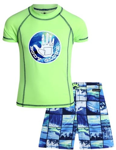 Body Glove Boys Swim Set - 2 Piece Boys Swim Trunks with Rash Guard UV Protection Swimsuit Kids Bathing Suits (Sizes 4-12), Size 6, Lime Beach