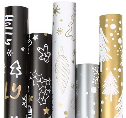 SULOLI Juego de 5 rollos de papel de regalo de Navidad, color negro y dorado, papel de regalo para Navidad, Año Nuevo, paquete de regalo (43 cm x 3 m)