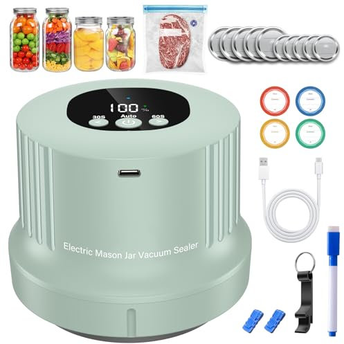 Electric Mason Jar Vacuum Sealer-Automatic Canning Vacuum Sealing Kit,Electric Jar Vacuum Sealer Machine Kit for Food with Wide&Regular Mouth Mason Lids,Vacuum Bags for Food Storage&Fermentation-Green