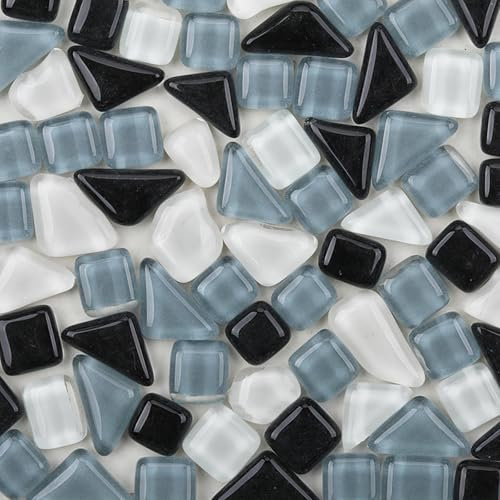 Carreaux de mosaïque en verre de couleurs mélangées, 200 g, carreaux de mosaïque noir et blanc, pierres de mosaïque en cristal, pièces en verre pour loisirs créatifs