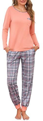 Leversic Dampyjamas, lång, rutig, rund hals, husdräkt, 1077-orange, XL
