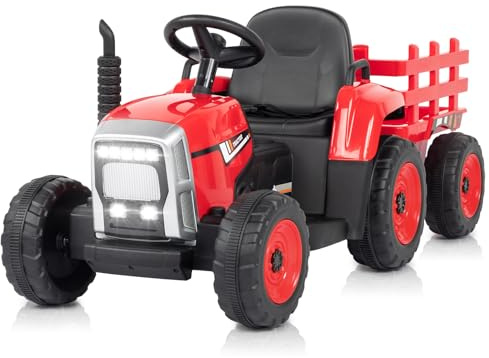 LALAHO Traktor mit Anhänger,Kinder Aufsitztraktor mit LED Lichtern,Musik,Hupe & USB Funktionen,abnehmbarem Anhänger