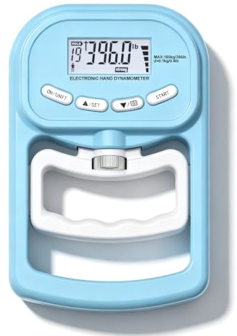 Medidor de fuerza de mano digital, 396 lb/180 kg, con dinamómetro de mano con cable de carga USB, pantalla LED, para entrenamiento, terapia (azul)