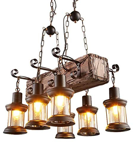 Holz Retro Hängeleuchte Industrie Rustikal Kronleuchter Höhenverstellbar Glas Lampenschirm Pendelleuchte Esstisch Jahrgang Hölzern Pendellampe Wohnzimmer Küche Hängelampe Beleuchtung,6 heads/ø55cm