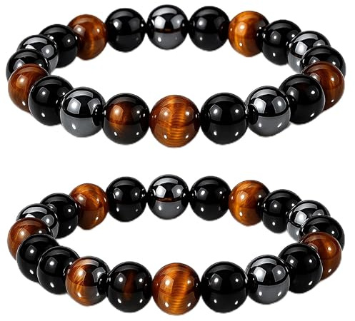 WFJ Black Obsidian Hematite Triple Protection Bracelets Set - Tiger Eye Beaded Natural Stone Bracelet for Men Women Gemstone (10MM)