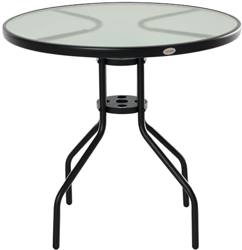 Outsunny Mesa de Jardín Redonda Mesa Comedor de Cristal Templado con Agujero para Sombrilla y Estructura Metálica para Patio Terraza Balcón Exterior Ø80x72 cm Negro