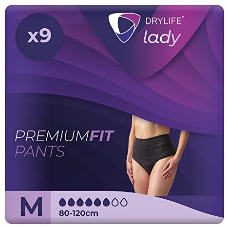 Drylife Lady Discreet Premium Fit Incontinence Pants for Bladder Weakness - Fast Absorption Core, Anti-Leak Barriers, Odour Control, Feminine Style for Women - Medium (Pack of 9)