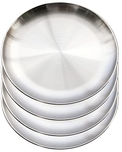 XIACIBDUS 4PCS Stainless Steel Dinner Plates, Round Serving Platter for Camping Barbecue and Baking, Non Toxic Healthy Serving Dishes and Dishwasher Safe (20cm)