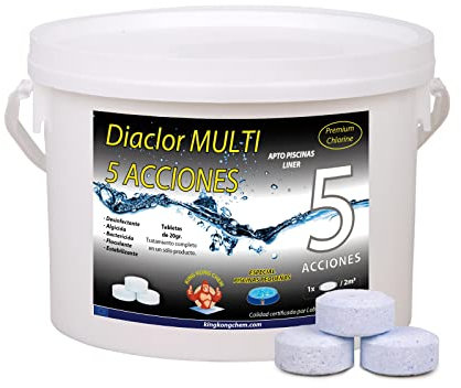 Cloro Piscinas Pequeñas DIACLOR Multi 5 ACCIONES 3 KG - Pastillas de Cloro Lento (20 gr- 3 cm Diámetro) - Tratamiento Completo Multiacción - SIN Cobre -