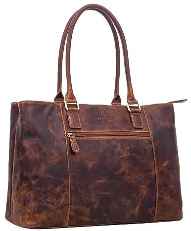 STILORD Marika Shopper Damen Groß Echtleder braun mit Laptopfach 15,6 Zoll ideal als Vintage Ledertasche Businesstasche Arbeitstasche Frauen Handtasche und Schultertasche